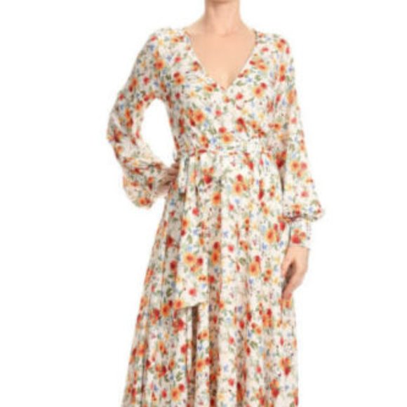 LA Fatima Pink V Neck Floral Chiffon Maxi Dress - Picture 2 of 3